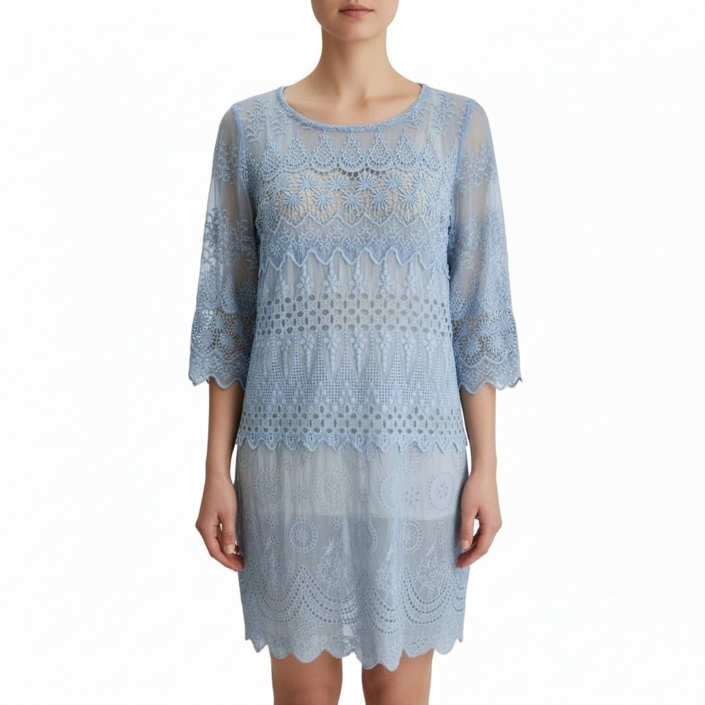 4 Love & Liberty Isla‎ Powder Blue Crochet Lace Tunic Cover-Up Blouse